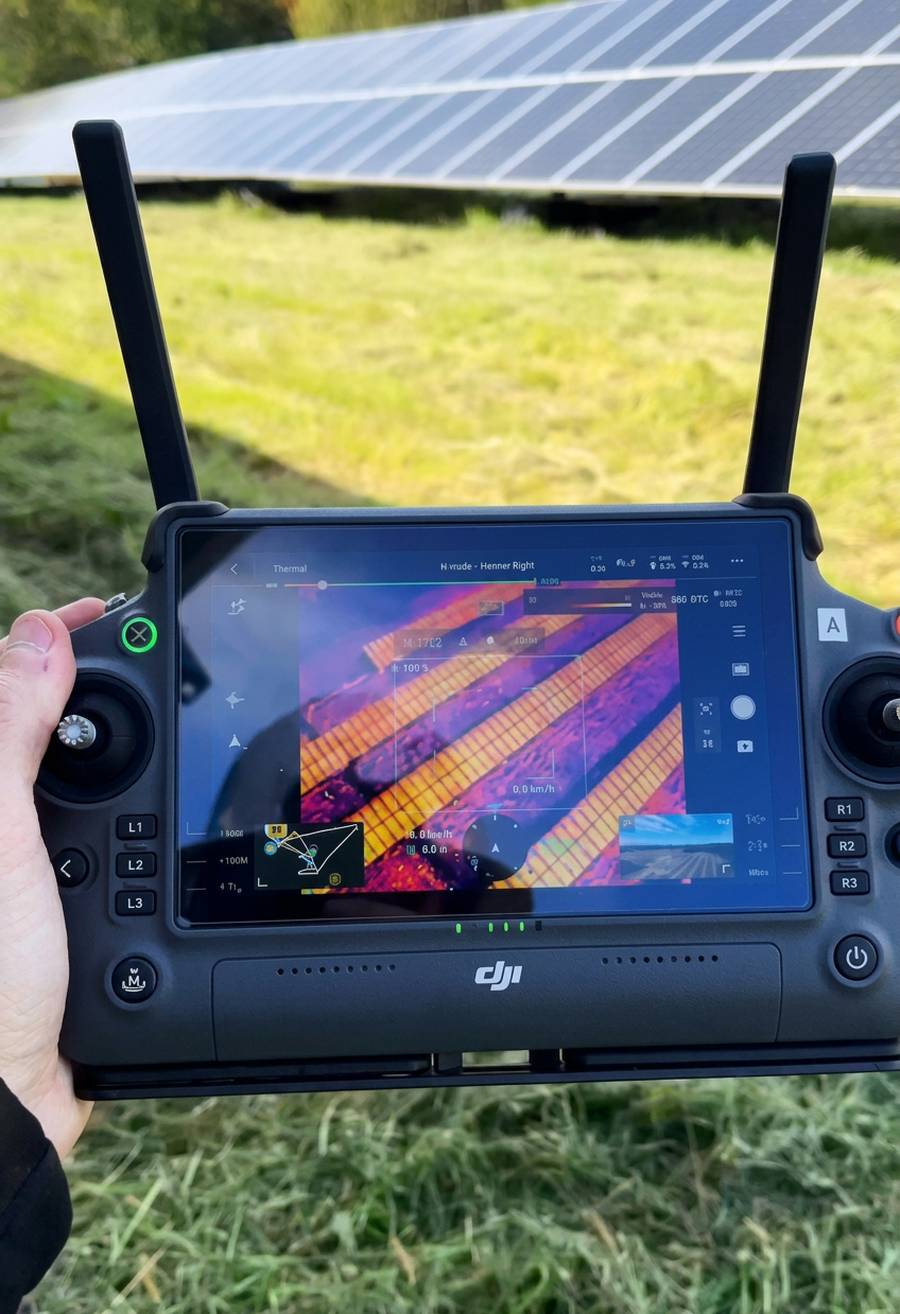 Controle remoto do drone exibindo leitura térmica ao vivo de uma usina solar